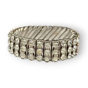 Vintage White Rhinestone Expansion Bracelet Three Row Silver Tone 1950s ~6.25"